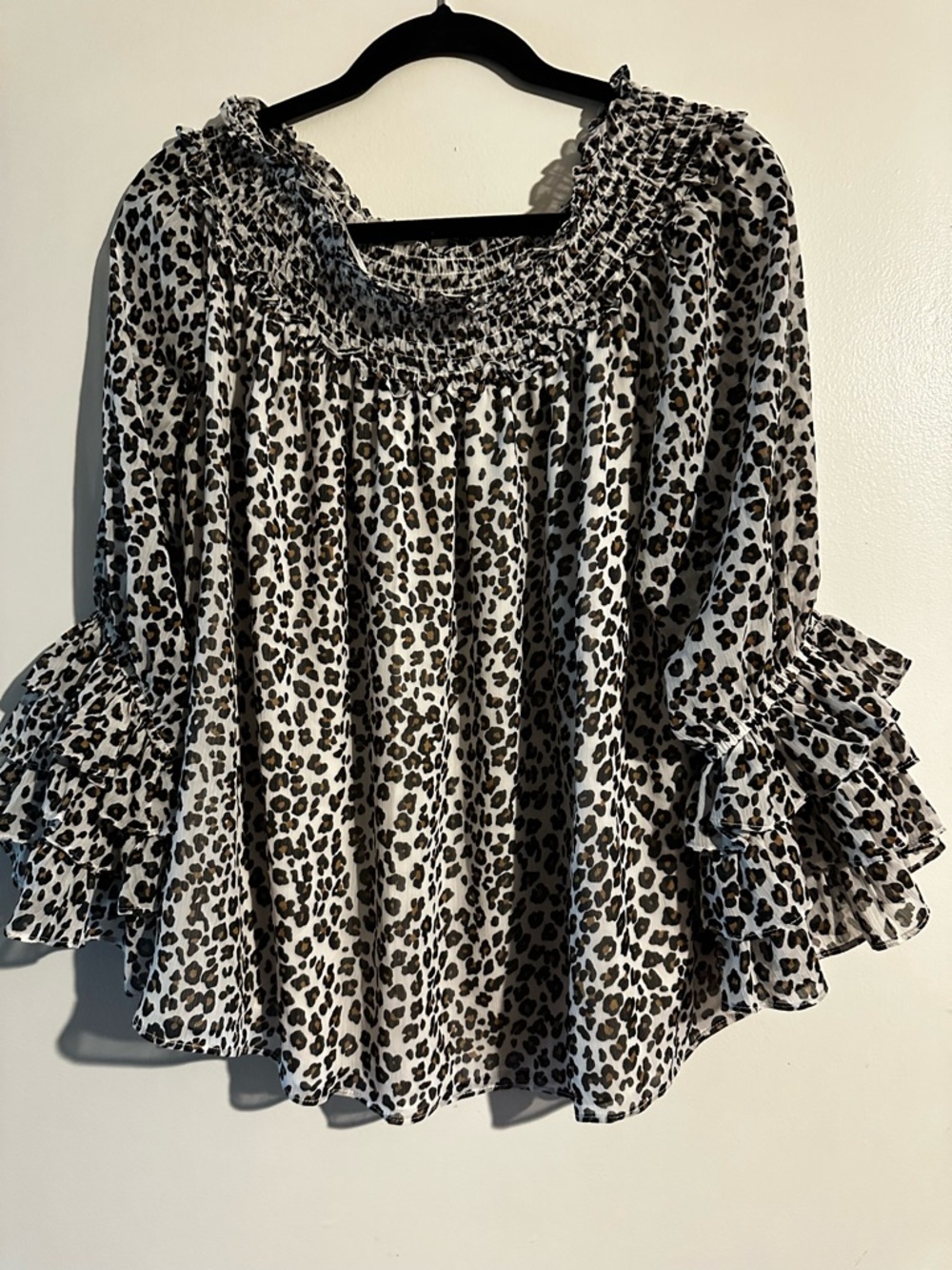 CeCe Cream and Brown Leopard Smocked Neck Ruffle Sleeve Blouse - Picture 3 of 3